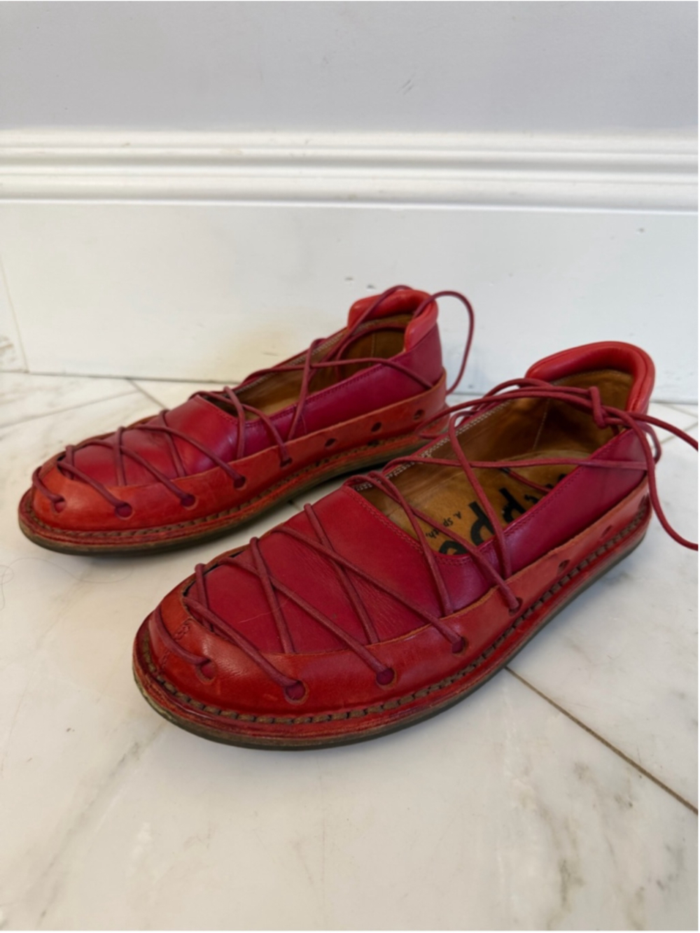 Trippen Womens Euro 38 US 7.5 red leather designer imported strappy lace up shoe